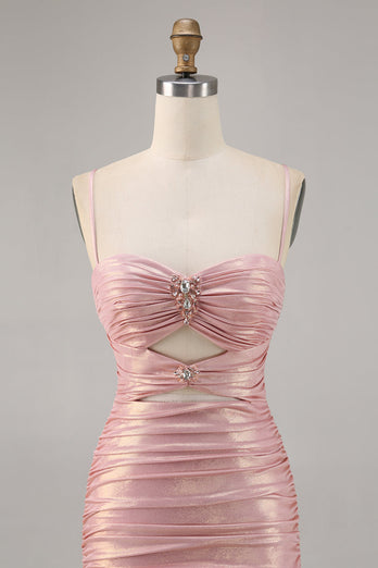 Spaghetti Straps Blush Short Metallic Cut Out Tight Homecoming Dress