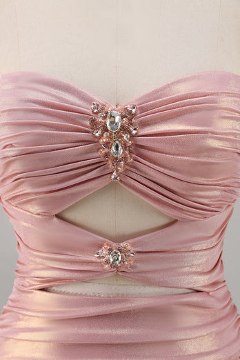 Spaghetti Straps Blush Short Metallic Cut Out Tight Homecoming Dress