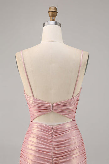 Spaghetti Straps Blush Short Metallic Cut Out Tight Homecoming Dress