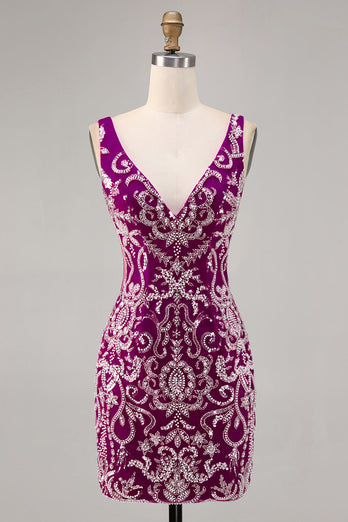 Sparkly Short Fuchsia V-Neck Tight Homecoming Dress with Beading