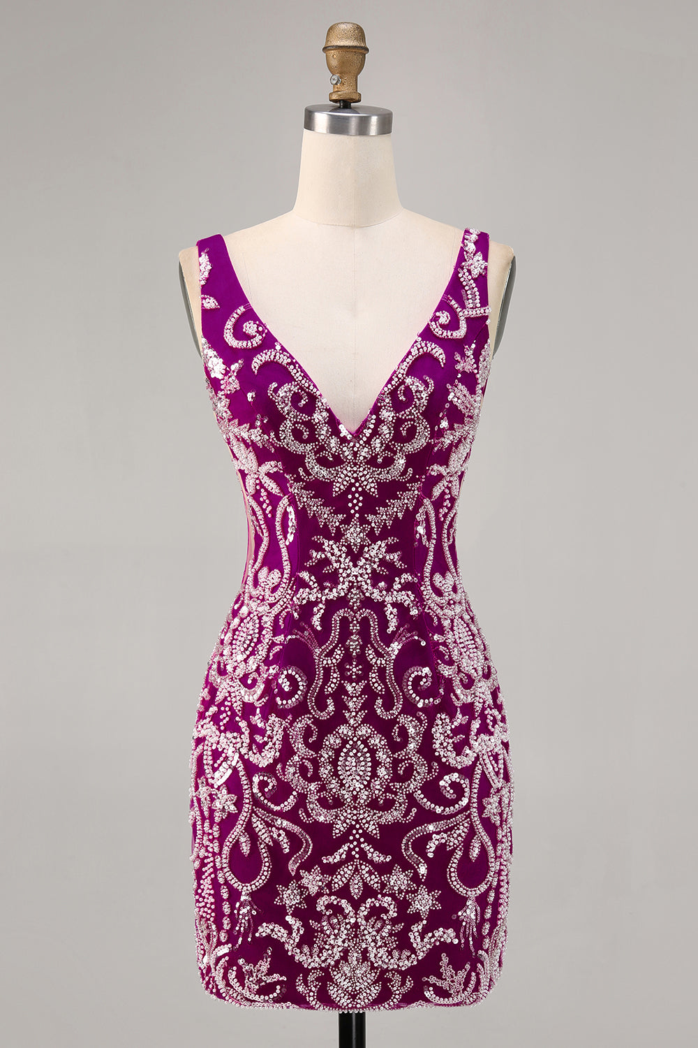 Sparkly Short Fuchsia V-Neck Tight Homecoming Dress with Beading
