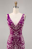 Load image into Gallery viewer, Sparkly Short Fuchsia V-Neck Tight Homecoming Dress with Beading