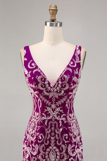 Sparkly Short Fuchsia V-Neck Tight Homecoming Dress with Beading