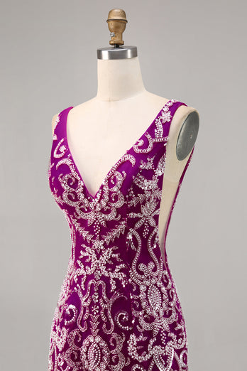 Sparkly Short Fuchsia V-Neck Tight Homecoming Dress with Beading
