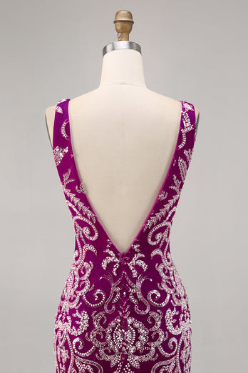 Sparkly Short Fuchsia V-Neck Tight Homecoming Dress with Beading