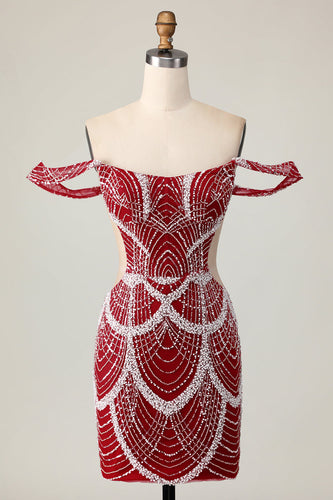 Sparkly Off the Shoulder Red Short Tight Homecoming Dress with Beading