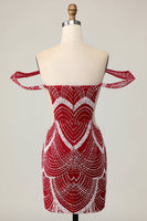 Load image into Gallery viewer, Sparkly Off the Shoulder Red Short Tight Homecoming Dress with Beading