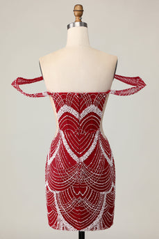 Sparkly Off the Shoulder Red Short Tight Homecoming Dress with Beading