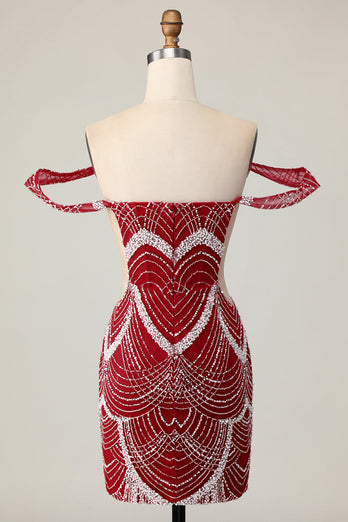 Sparkly Off the Shoulder Red Short Tight Homecoming Dress with Beading