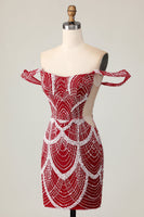 Load image into Gallery viewer, Sparkly Off the Shoulder Red Short Tight Homecoming Dress with Beading