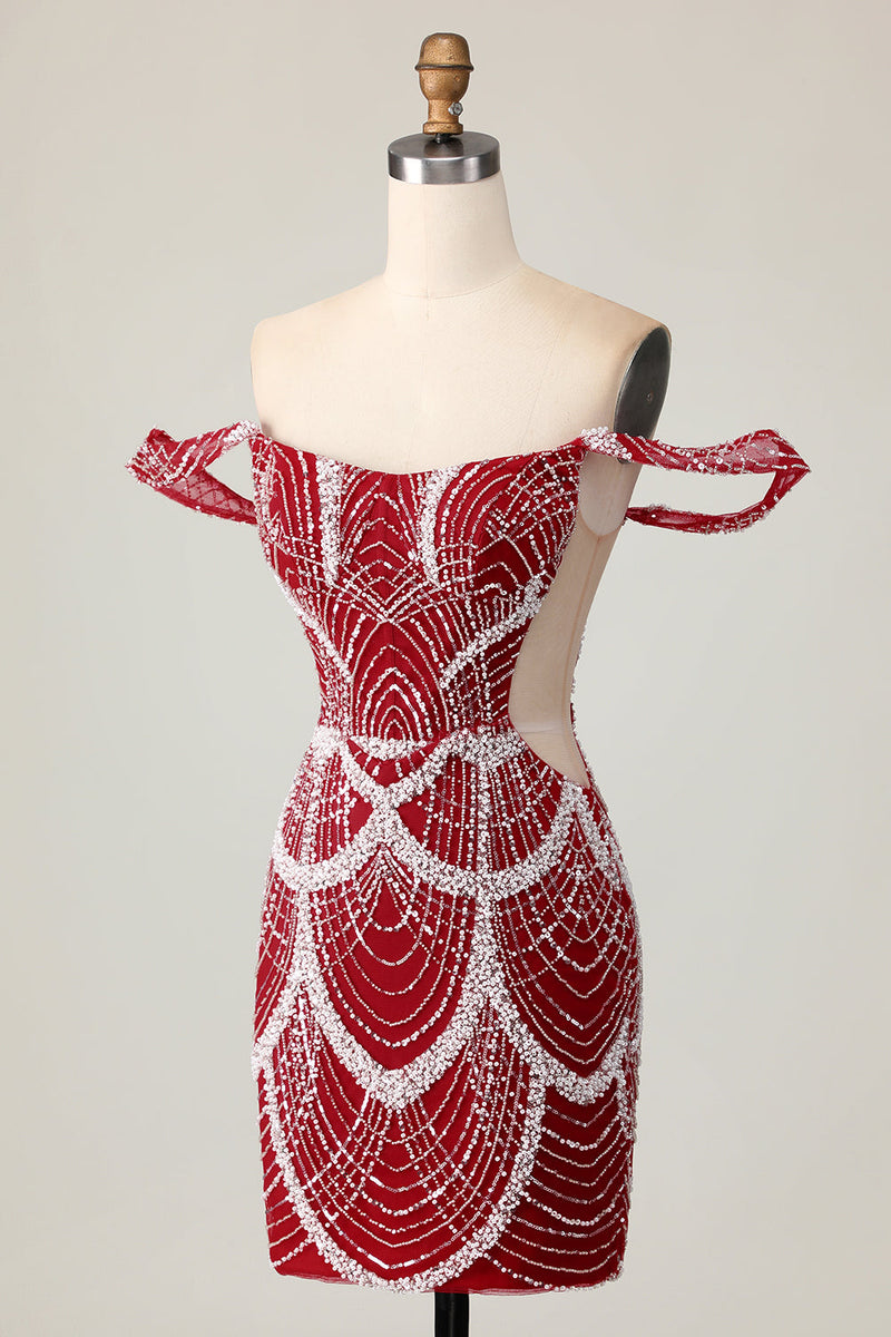 Load image into Gallery viewer, Sparkly Off the Shoulder Red Short Tight Homecoming Dress with Beading