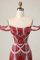 Load image into Gallery viewer, Sparkly Off the Shoulder Red Short Tight Homecoming Dress with Beading