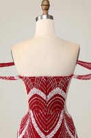 Load image into Gallery viewer, Sparkly Off the Shoulder Red Short Tight Homecoming Dress with Beading