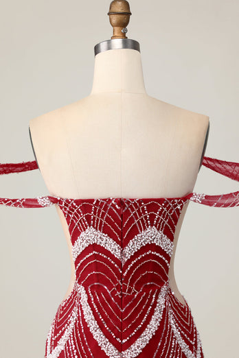 Sparkly Off the Shoulder Red Short Tight Homecoming Dress with Beading