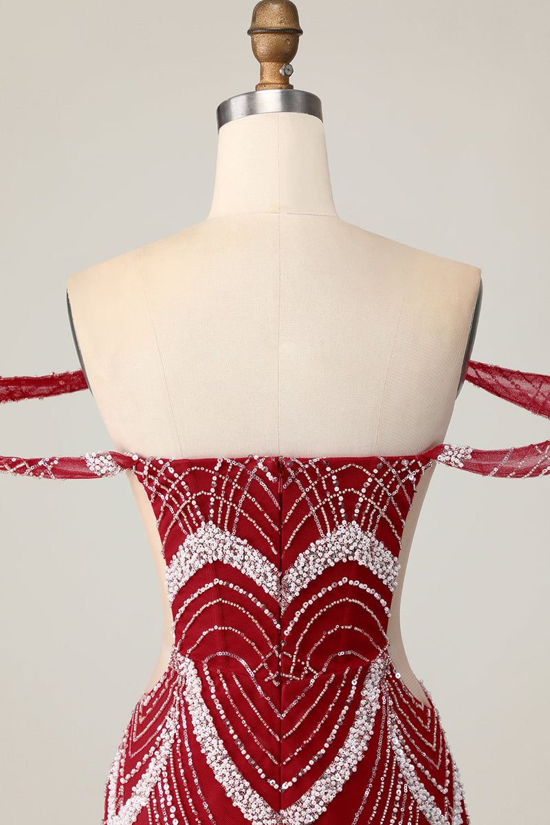 Load image into Gallery viewer, Sparkly Off the Shoulder Red Short Tight Homecoming Dress with Beading