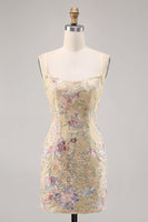 Load image into Gallery viewer, Spaghetti Straps Apricot Floral Short Tight Homecoming Dress