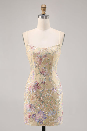 Spaghetti Straps Apricot Floral Short Tight Homecoming Dress