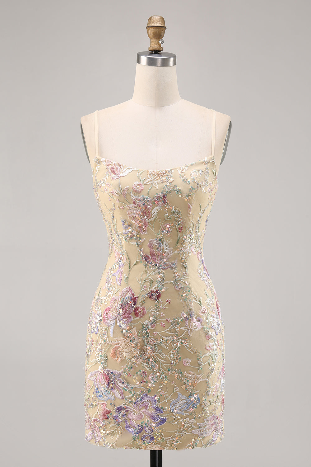 Spaghetti Straps Apricot Floral Short Tight Homecoming Dress