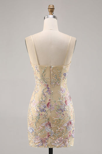 Spaghetti Straps Apricot Floral Short Tight Homecoming Dress