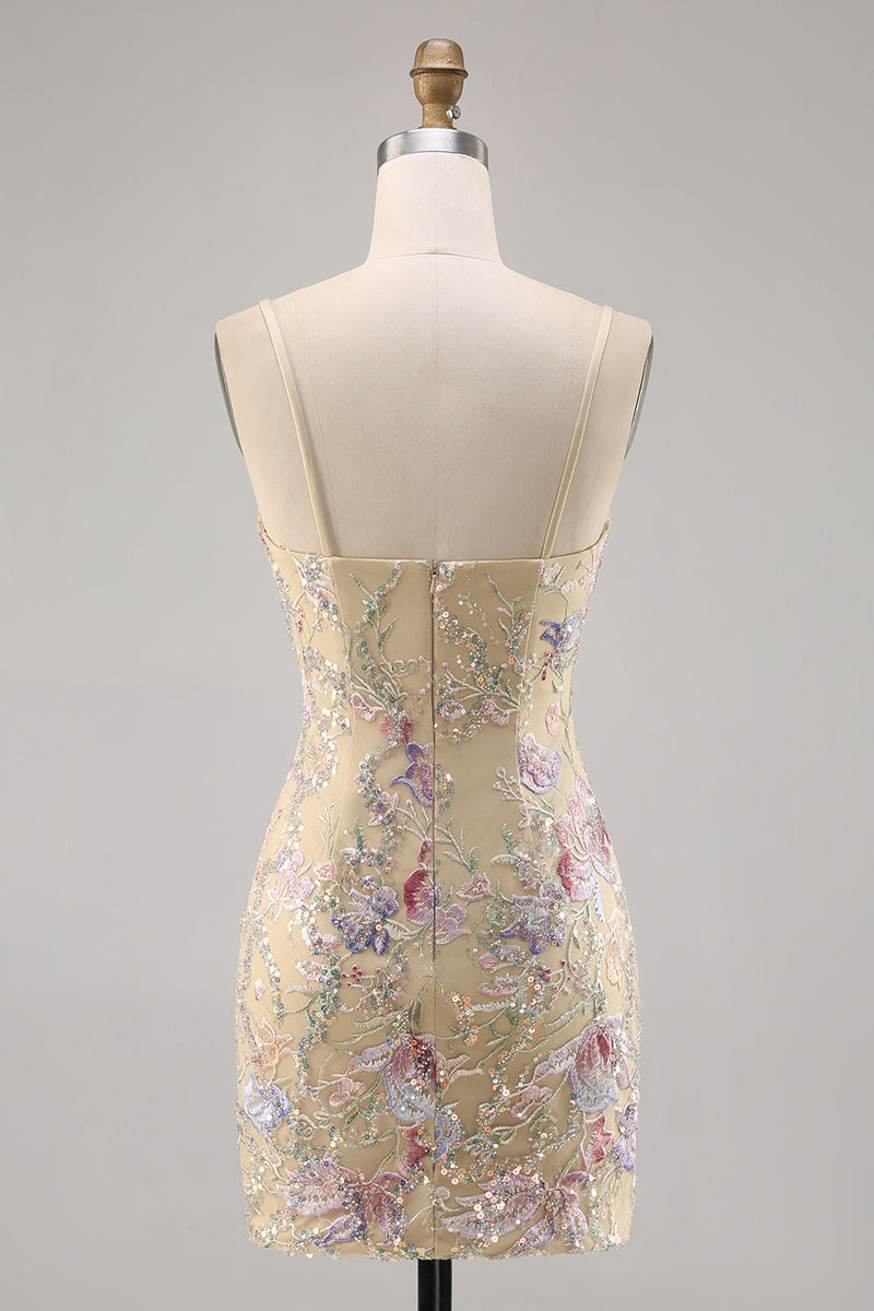 Load image into Gallery viewer, Spaghetti Straps Apricot Floral Short Tight Homecoming Dress