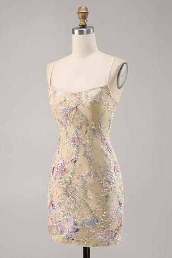 Spaghetti Straps Apricot Floral Short Tight Homecoming Dress