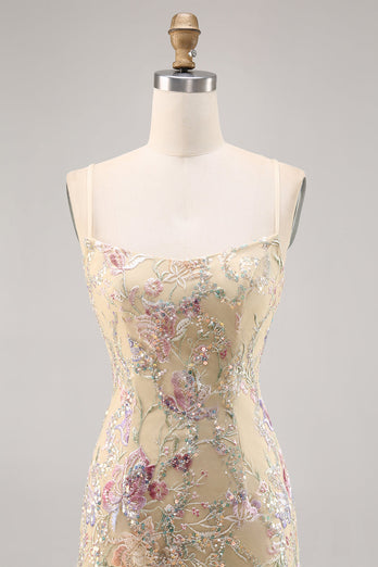Spaghetti Straps Apricot Floral Short Tight Homecoming Dress