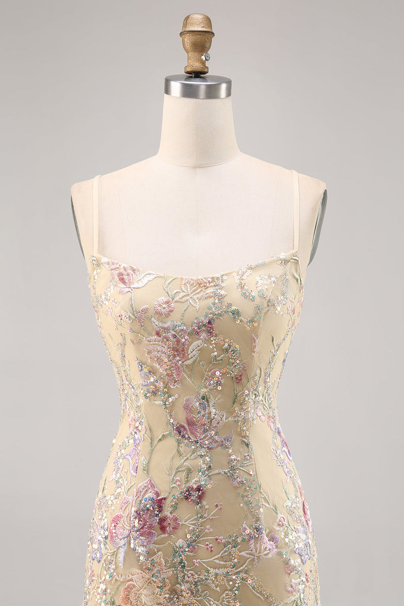 Load image into Gallery viewer, Spaghetti Straps Apricot Floral Short Tight Homecoming Dress