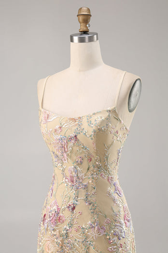 Spaghetti Straps Apricot Floral Short Tight Homecoming Dress
