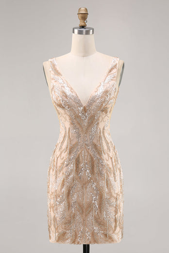 Sparkly V-Neck Champagne Short Sequin Tight Homecoming Dress