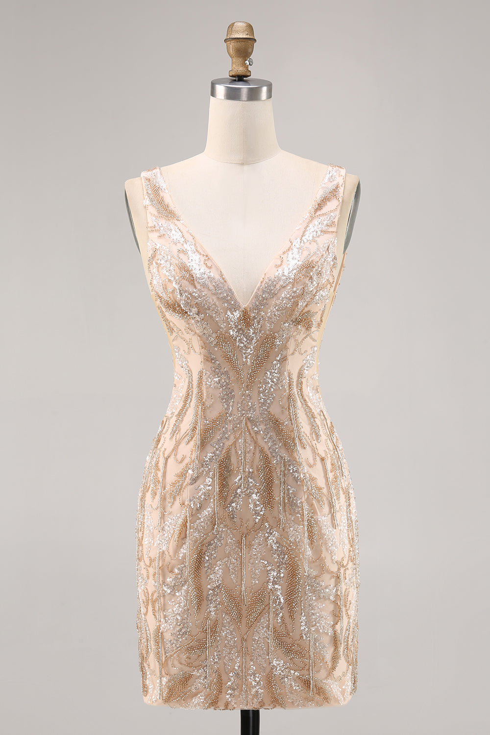 Sparkly V-Neck Champagne Short Sequin Tight Homecoming Dress
