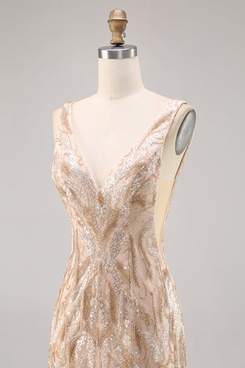 Sparkly V-Neck Champagne Short Sequin Tight Homecoming Dress