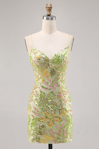 Sparkly Green Floral Spaghetti Straps Short Sequin Tight Homecoming Dress