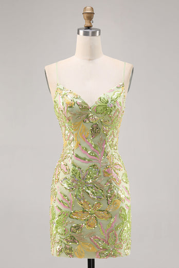 Sparkly Green Floral Spaghetti Straps Short Sequin Tight Homecoming Dress