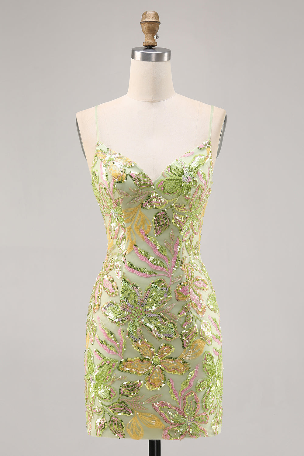Sparkly Green Floral Spaghetti Straps Short Sequin Tight Homecoming Dress