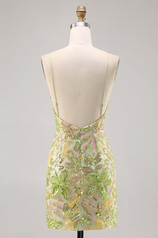 Sparkly Green Floral Spaghetti Straps Short Sequin Tight Homecoming Dress