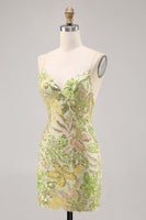 Load image into Gallery viewer, Sparkly Green Floral Spaghetti Straps Short Sequin Tight Homecoming Dress