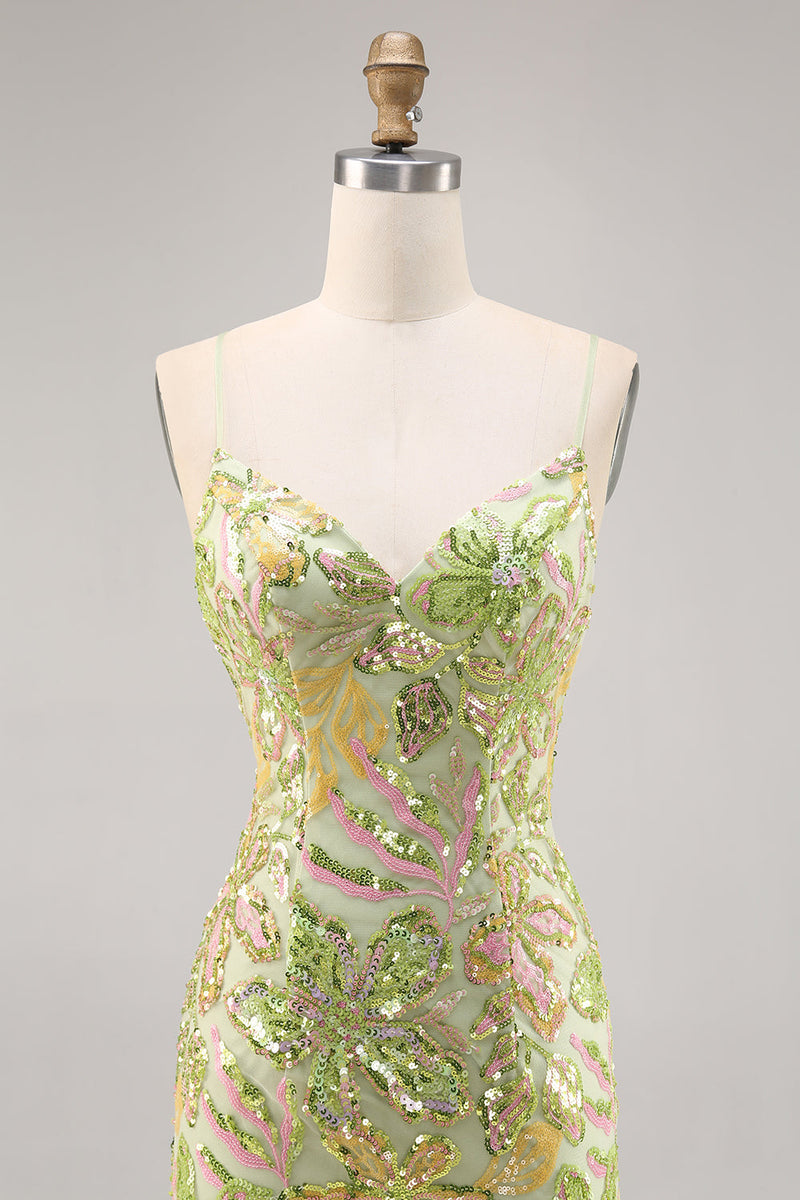 Load image into Gallery viewer, Sparkly Green Floral Spaghetti Straps Short Sequin Tight Homecoming Dress
