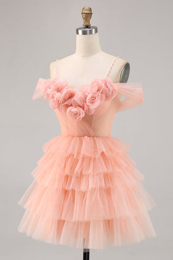 Blush A Line Short Cold Shoulder Tulle Homecoming Dress with Ruffles