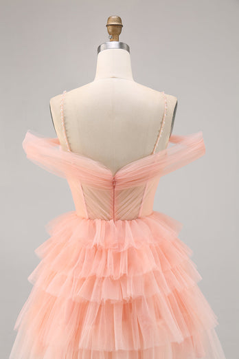 Blush A Line Short Cold Shoulder Tulle Homecoming Dress with Ruffles