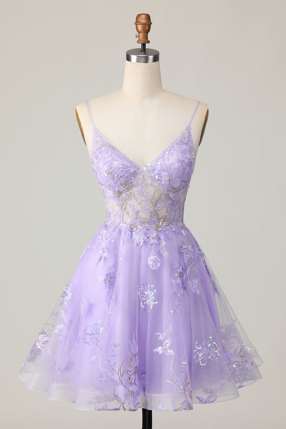 Sparkly Purple Floral A Line Short Homecoming Dress with Lace