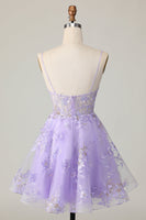Load image into Gallery viewer, Sparkly Purple Floral A Line Short Homecoming Dress with Lace
