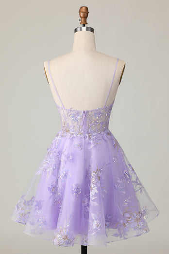 Sparkly Purple Floral A Line Short Homecoming Dress with Lace