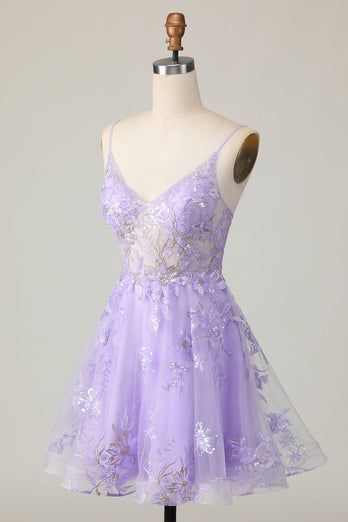 Sparkly Purple Floral A Line Short Homecoming Dress with Lace