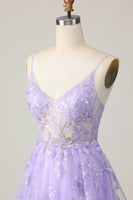 Load image into Gallery viewer, Sparkly Purple Floral A Line Short Homecoming Dress with Lace
