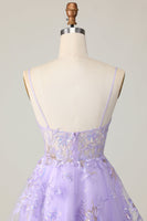 Load image into Gallery viewer, Sparkly Purple Floral A Line Short Homecoming Dress with Lace