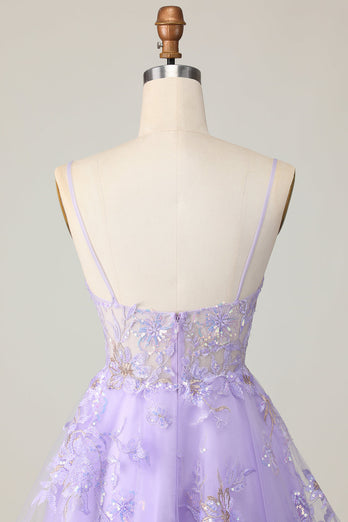 Sparkly Purple Floral A Line Short Homecoming Dress with Lace
