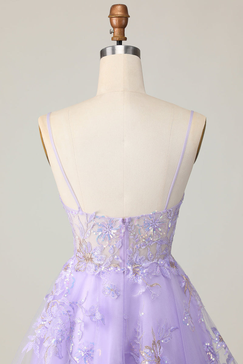 Load image into Gallery viewer, Sparkly Purple Floral A Line Short Homecoming Dress with Lace