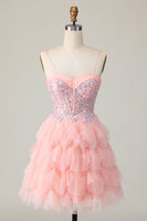 Load image into Gallery viewer, Pink Tulle Short Spaghetti Straps Corset Homecoming Dress with Ruffles