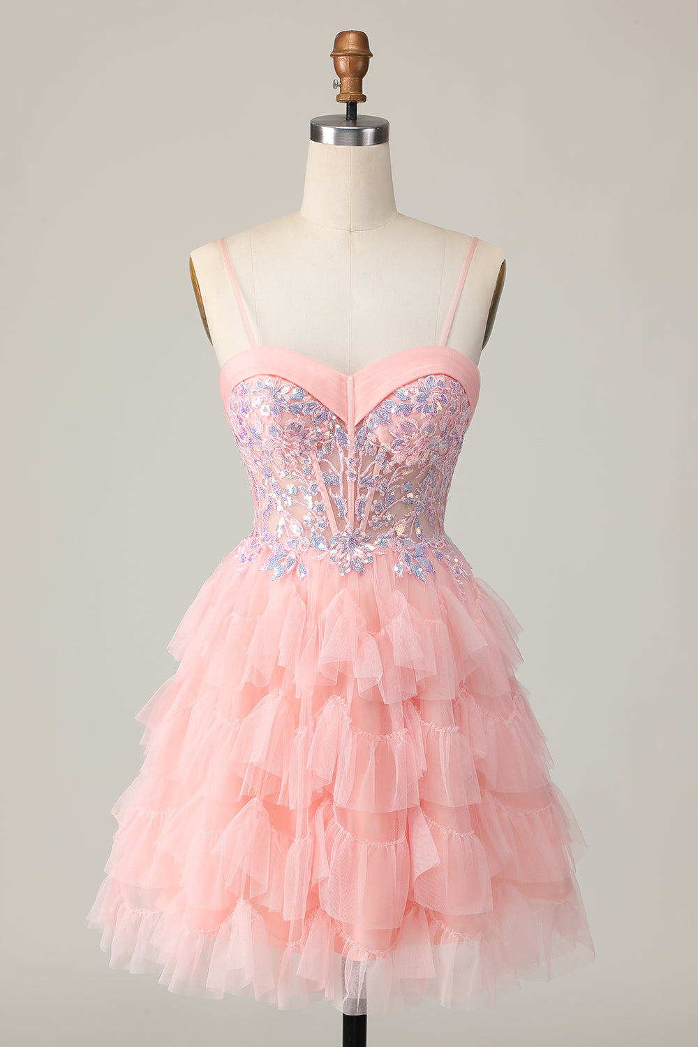 Pink Tulle Short Spaghetti Straps Corset Homecoming Dress with Ruffles