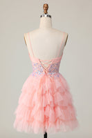 Load image into Gallery viewer, Pink Tulle Short Spaghetti Straps Corset Homecoming Dress with Ruffles